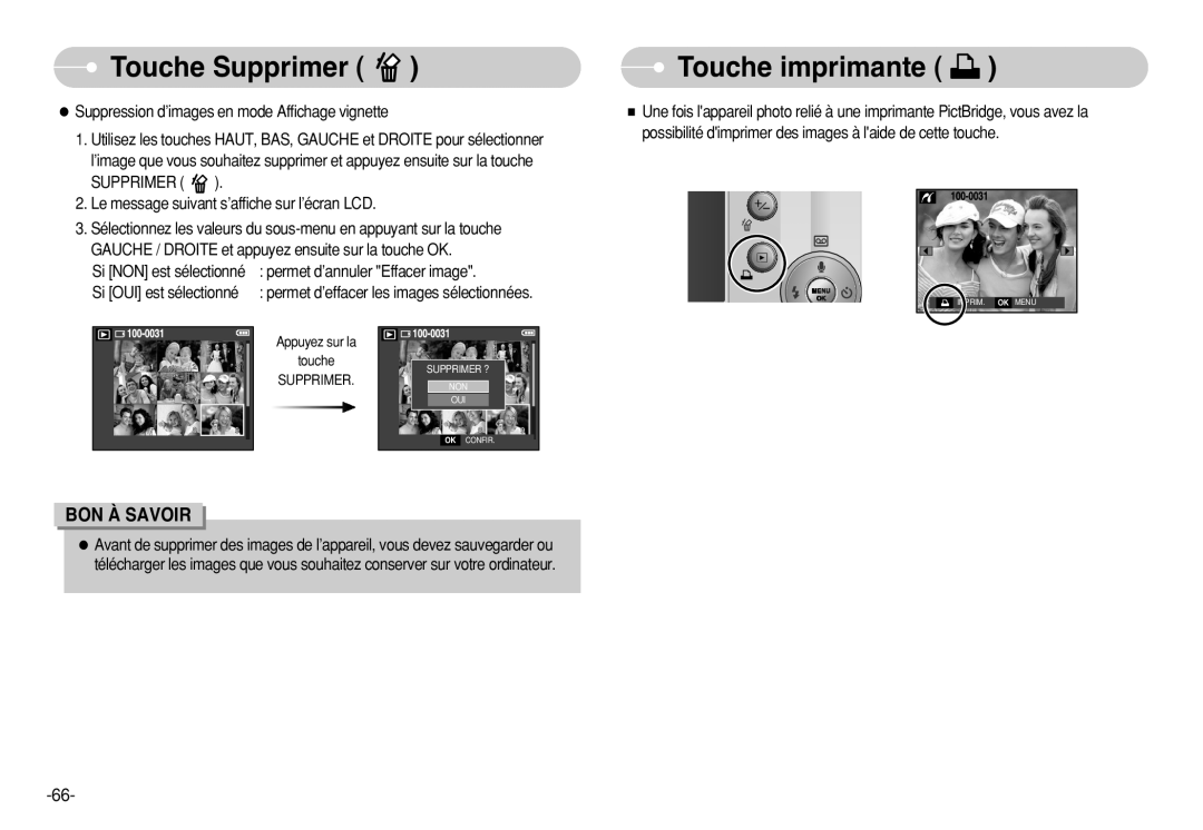 Samsung EC-S730ZSBA/FR Touche imprimante, Touche Supprimer, Bon À Savoir, Suppression d’images en mode Affichage vignette 