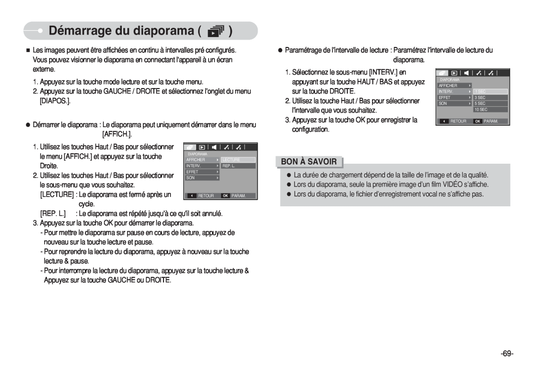 Samsung EC-S630ZBFA/FR manual Démarrage du diaporama, Droite, le sous-menu que vous souhaitez, cycle, Bon À Savoir 