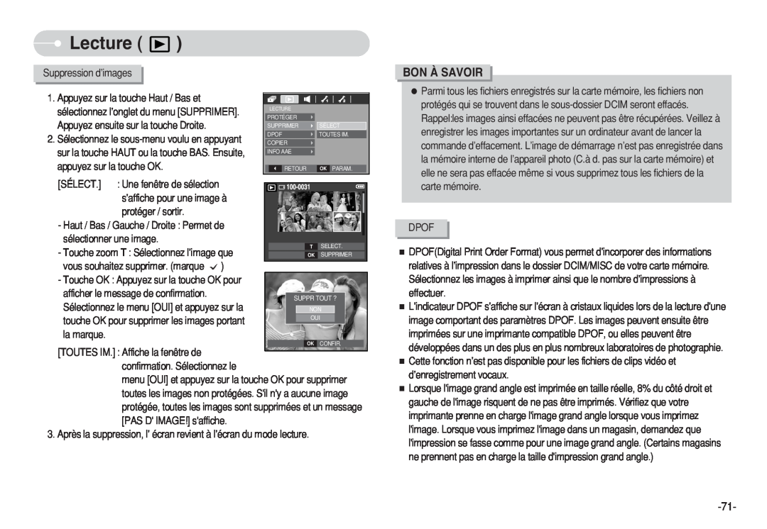 Samsung EC-S750ZBBA/FR, EC-S750ZSBB/E2, EC-S750ZRBB/E1, EC-S750ZBDA/E3 manual Lecture, Bon À Savoir, Suppression d’images 