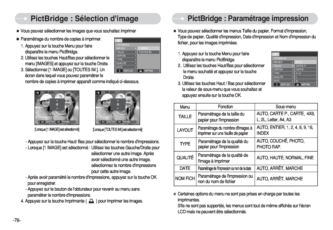 Samsung EC-S630ZBHA/E3 PictBridge Sélection dimage, PictBridge Paramétrage impression, disparaître le menu PictBridge 