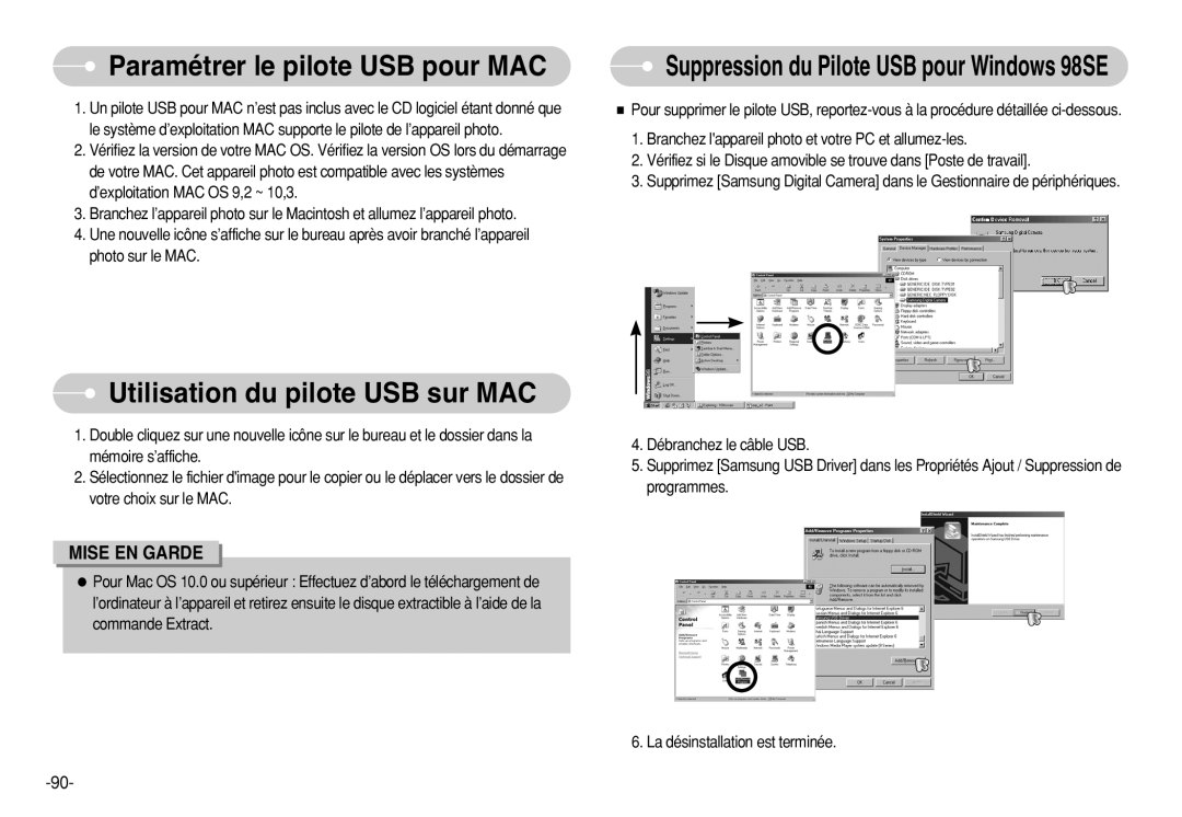 Samsung EC-S630ZRDA/E3, EC-S750ZSBB/E2 Paramétrer le pilote USB pour MAC, Utilisation du pilote USB sur MAC, Mise En Garde 