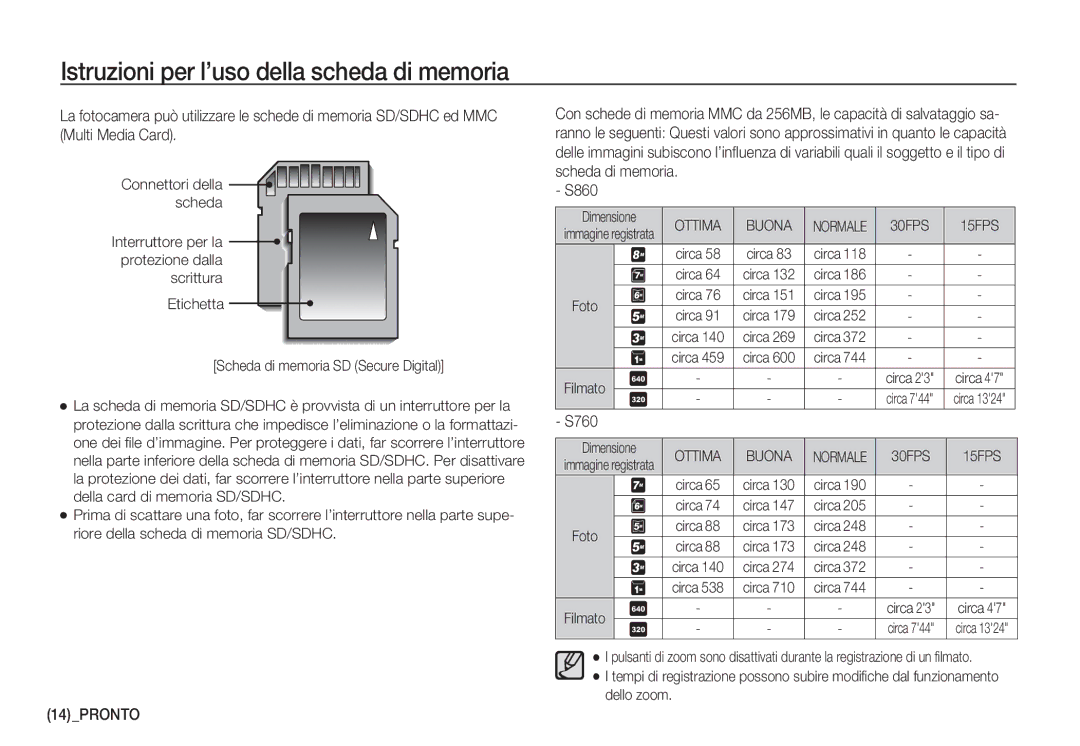 Samsung EC-S860ZBBA/E1, EC-S760ZPDA/E3, EC-S860ZSDA/E3, EC-S860ZPDA/E3, EC-S860ZBDA/E3 manual Dimensione, Foto, Filmato 