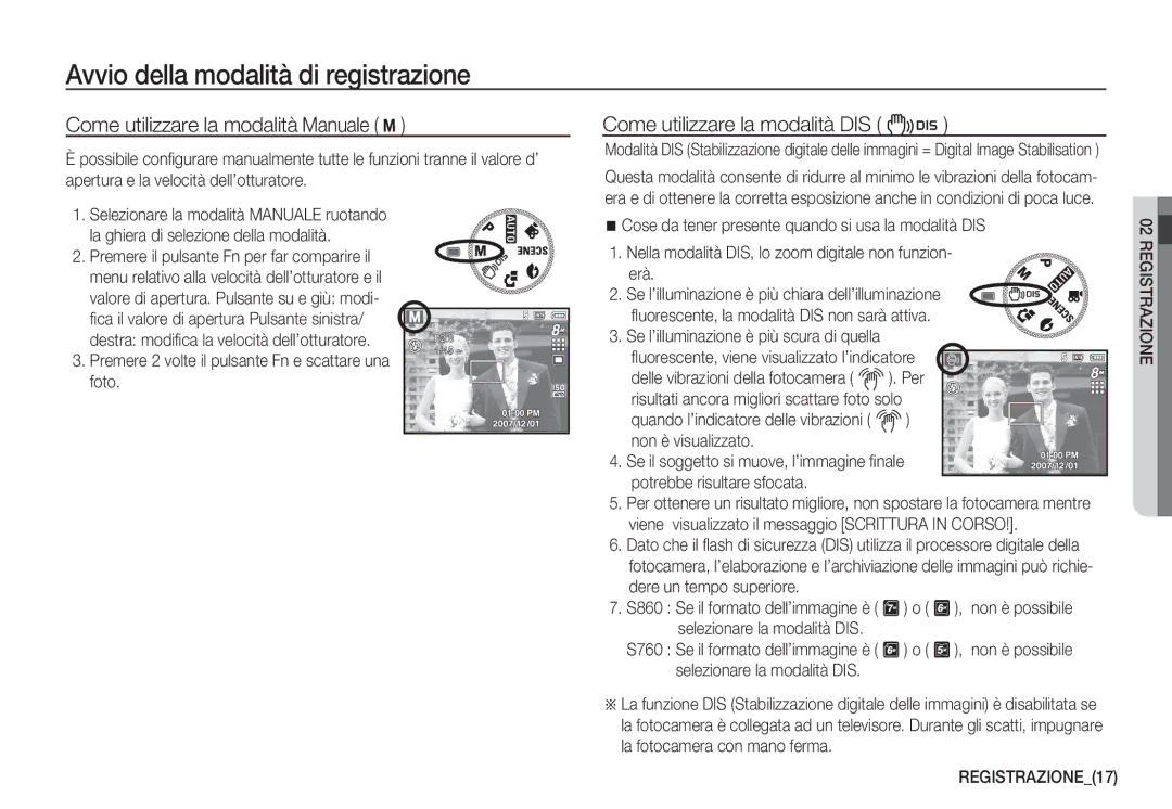 Samsung EC-D860ZSBE/E1 manual Come utilizzare la modalità Manuale ¸, Come utilizzare la modalità DIS, REGISTRAZIONE17 