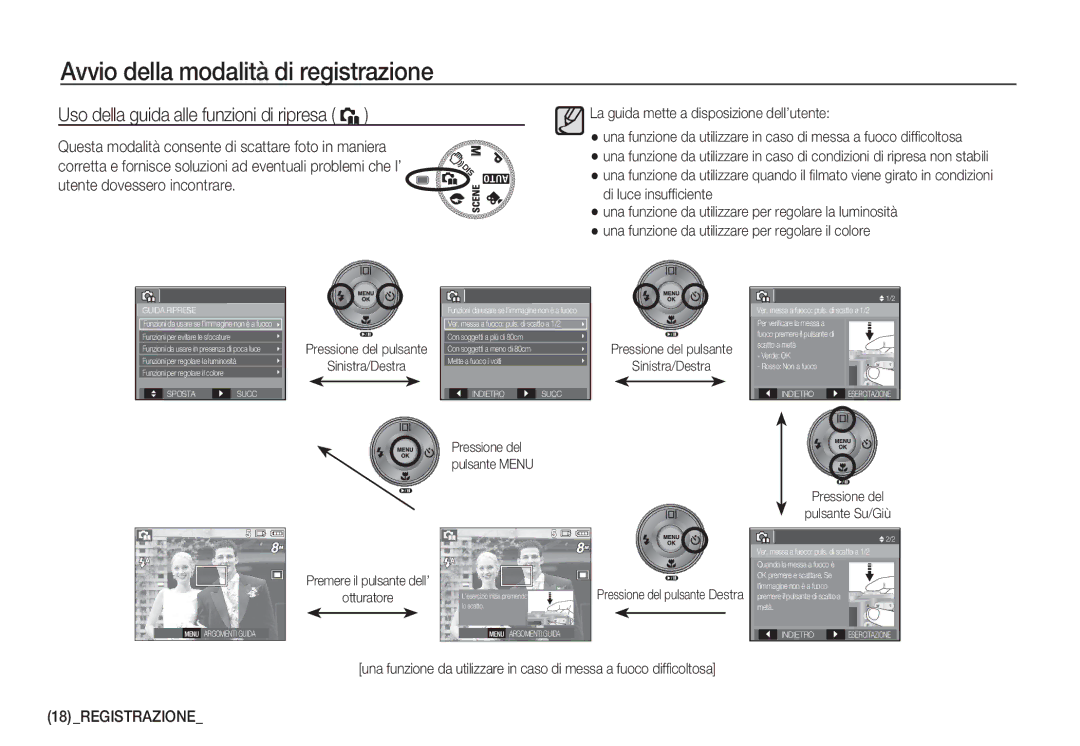 Samsung EC-S860ZUBB/E1 manual Uso della guida alle funzioni di ripresa `, Sinistra/Destra, Pressione del Pulsante Su/Giù 