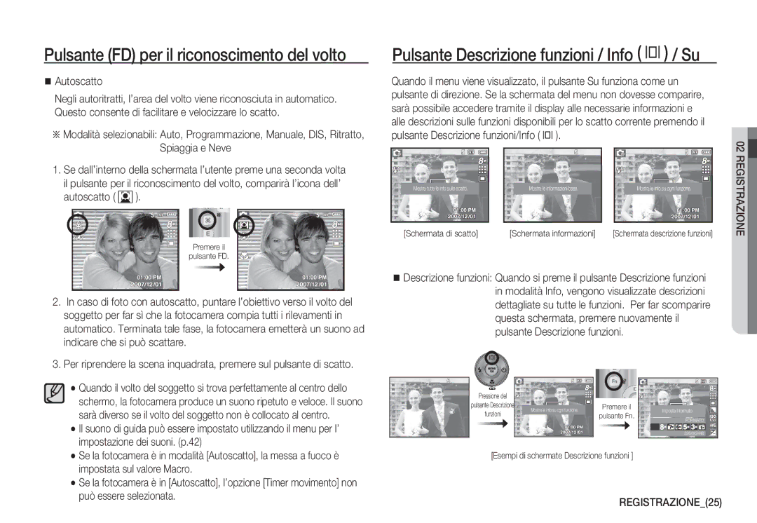 Samsung EC-D760ZSBD/E1, EC-S760ZPDA/E3, EC-S860ZSDA/E3 manual Pulsante Descrizione funzioni / Info î / Su, REGISTRAZIONE25 