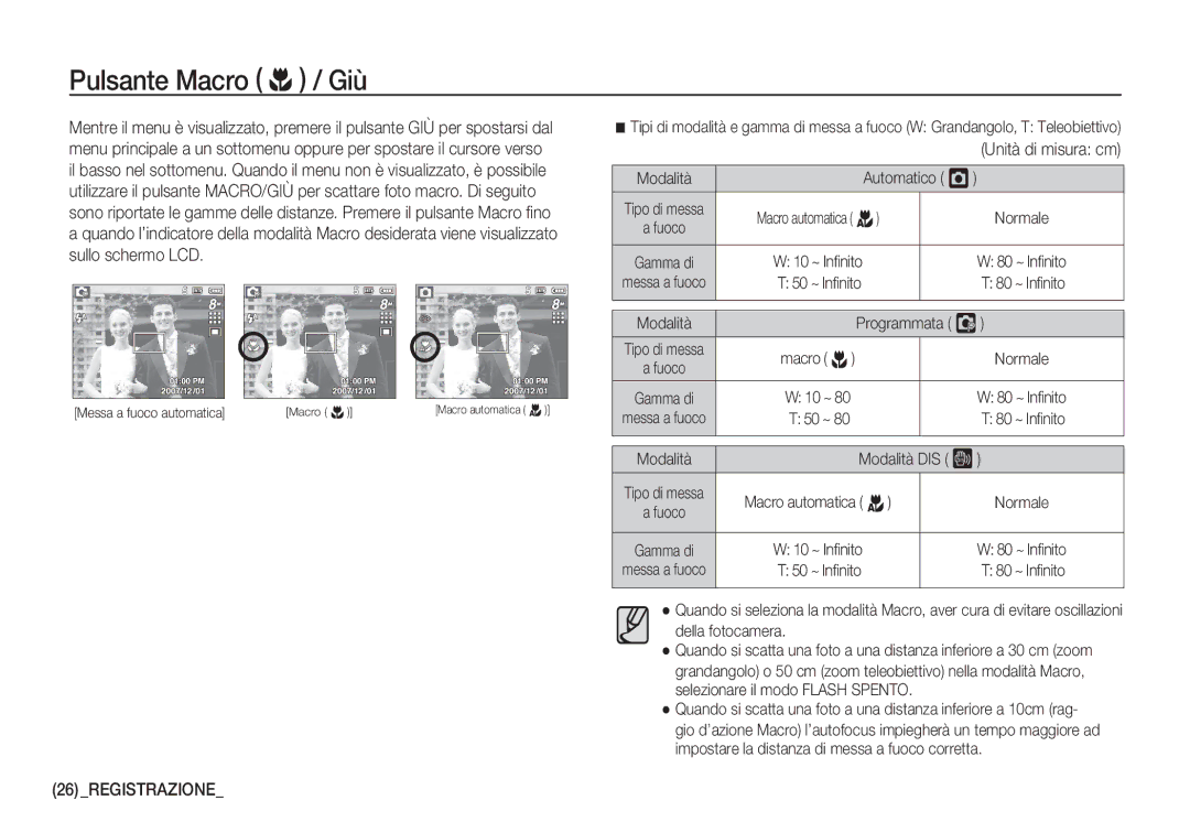 Samsung EC-S860ZUBA/E1, EC-S760ZPDA/E3, EC-S860ZSDA/E3, EC-S860ZPDA/E3, EC-S860ZBDA/E3, EC-S760ZUDA/E3 Pulsante Macro e / Giù 