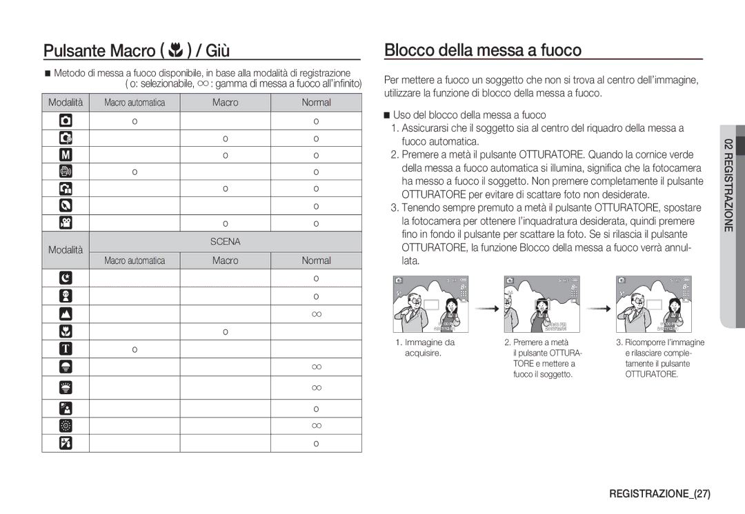 Samsung EC-S860ZPBA/IT, EC-S760ZPDA/E3, EC-S860ZSDA/E3, EC-S860ZPDA/E3 manual Blocco della messa a fuoco, REGISTRAZIONE27 