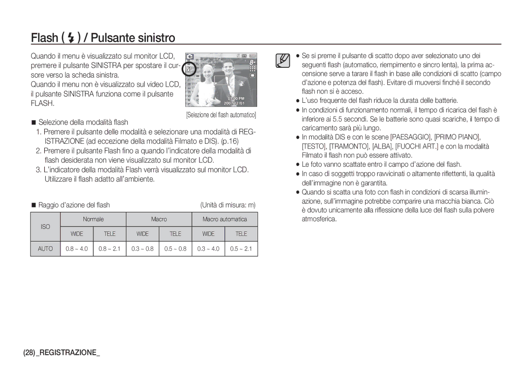 Samsung EC-S760ZUBA/E1 manual Flash / Pulsante sinistro, Selezione della modalità ﬂash, Selezione del ﬂash automatico 