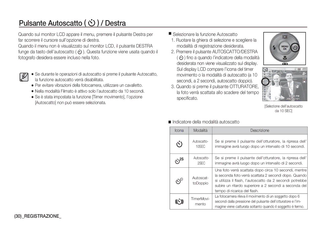 Samsung EC-S760ZPBA/IT manual Pulsante Autoscatto / Destra, Selezionare la funzione Autoscatto, Speciﬁcato, Icona Modalità 