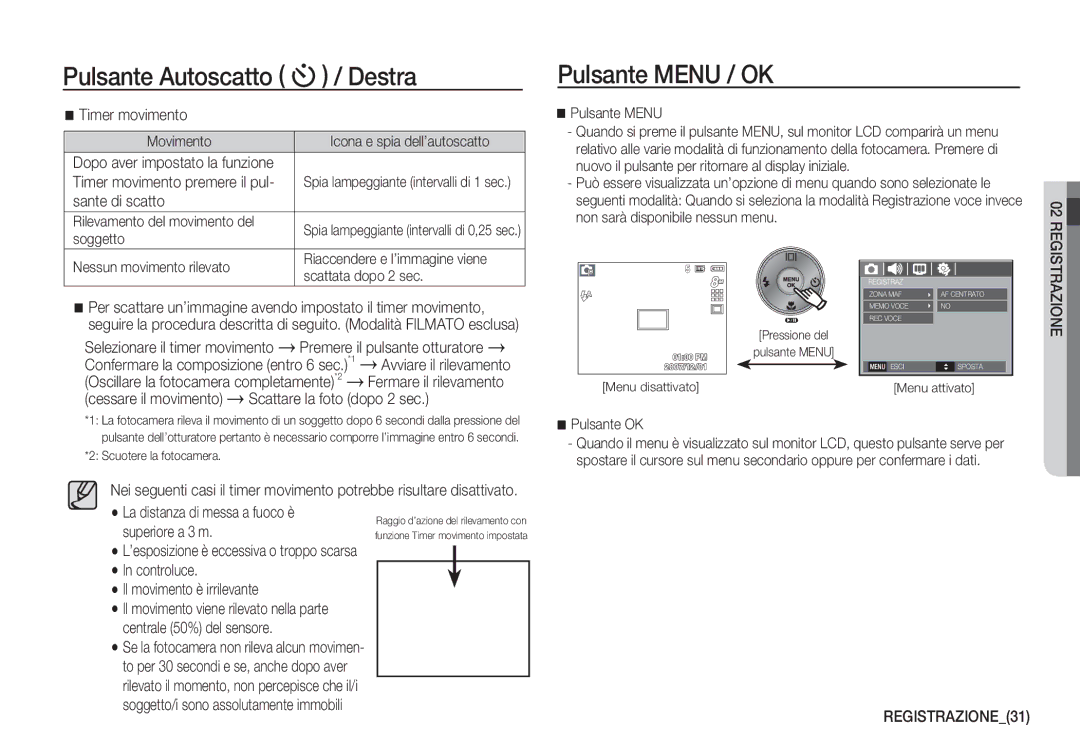 Samsung EC-S860ZPBB/E1 Pulsante Menu / OK, Timer movimento, Sante di scatto, Scattare la foto dopo 2 sec, REGISTRAZIONE31 