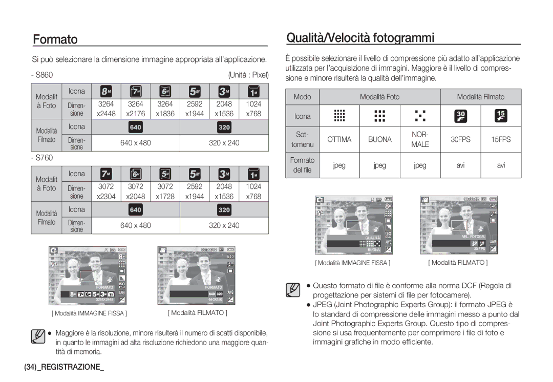 Samsung EC-S760ZPBA/E1, EC-S760ZPDA/E3, EC-S860ZSDA/E3 manual Formato, Qualità/Velocità fotogrammi, S860 Unità Pixel 