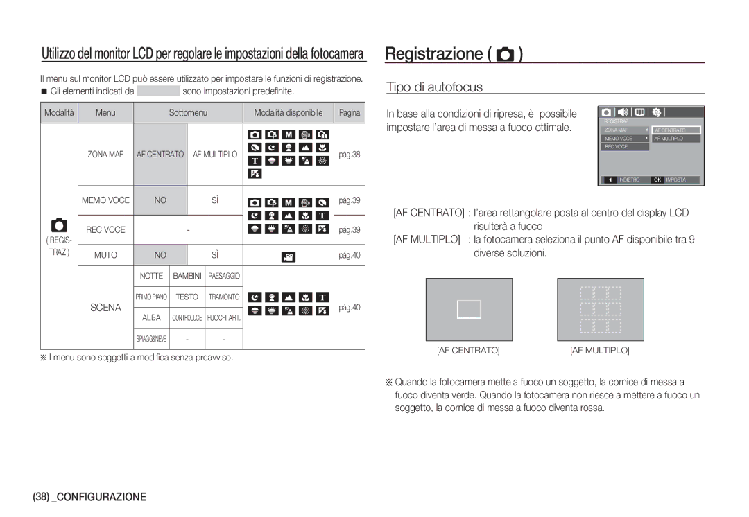 Samsung EC-S760ZBBB/E1, EC-S760ZPDA/E3, EC-S860ZSDA/E3, EC-S860ZPDA/E3 Registrazione Ò, Tipo di autofocus, Configurazione 