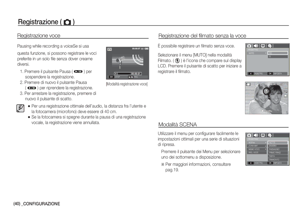 Samsung EC-S860ZSBB/E1, EC-S760ZPDA/E3 manual Registrazione voce Registrazione del ﬁlmato senza la voce, Modalità Scena 