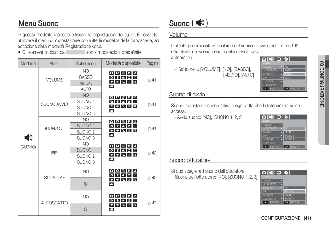 Samsung EC-S760ZPDA/E3, EC-S860ZSDA/E3, EC-S860ZPDA/E3, EC-S860ZBDA/E3 Menu Suono, Volume, Suono di avvio, Suono otturatore 