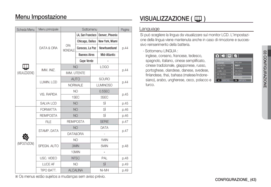 Samsung EC-S860ZPDA/E3, EC-S760ZPDA/E3 Language, Sottomenu Lingua, Os menus estão sujeitos a mudanças sem aviso prévio 