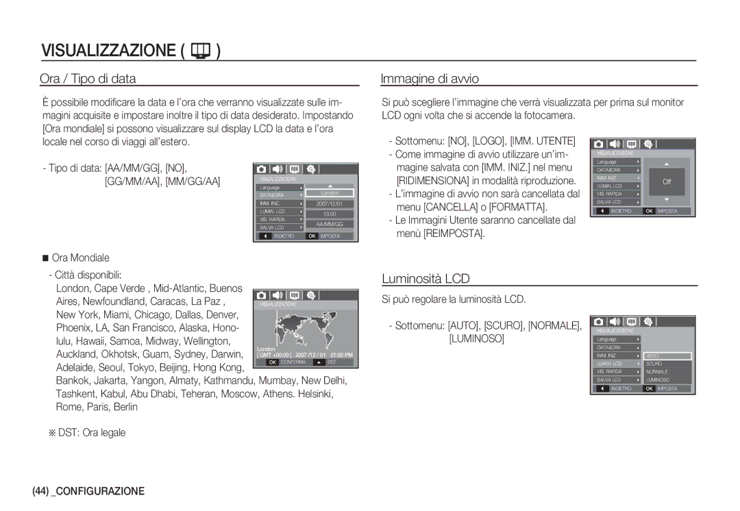 Samsung EC-S860ZBDA/E3, EC-S760ZPDA/E3 manual Ora / Tipo di data, Immagine di avvio, Luminosità LCD, Menù Reimposta 