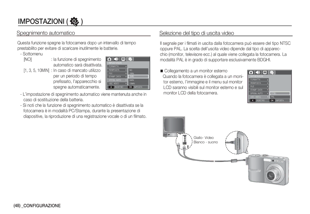 Samsung EC-S860ZSBA/E2, EC-S760ZPDA/E3 Spegnimento automatico, Selezione del tipo di uscita video, Per un periodo di tempo 