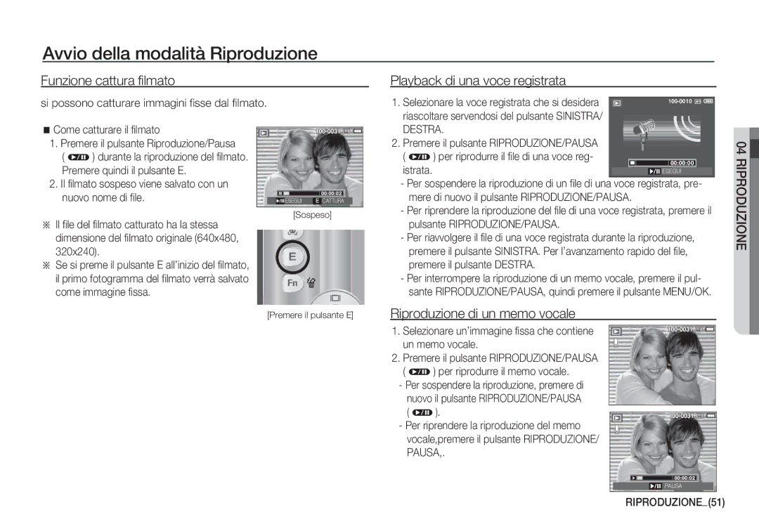 Samsung EC-S860ZUDA/E3 Funzione cattura filmato, Playback di una voce registrata, Riproduzione di un memo vocale, Destra 