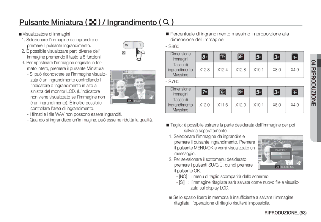 Samsung EC-D760ZSBB/IT, EC-S760ZPDA/E3 Pulsante Miniatura º / Ingrandimento í, Visualizzatore di immagini, RIPRODUZIONE53 