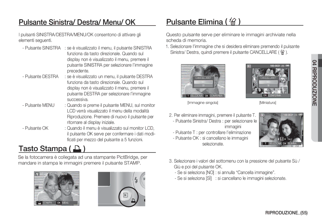 Samsung EC-S860ZBBA/IT, EC-S760ZPDA/E3, EC-S860ZSDA/E3 Pulsante Sinistra/ Destra/ Menu/ OK, Tasto Stampa », RIPRODUZIONE55 