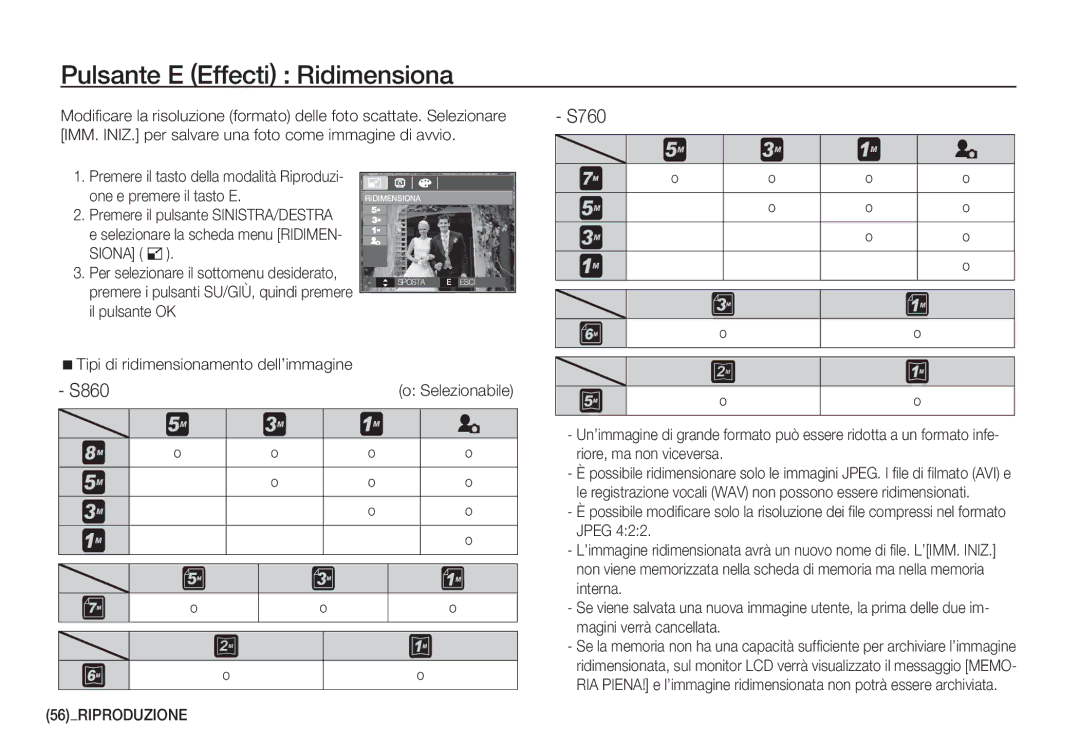 Samsung EC-S860ZBBA/E1 Pulsante E Effecti Ridimensiona, S760, Tipi di ridimensionamento dell’immagine, 56RIPRODUZIONE 