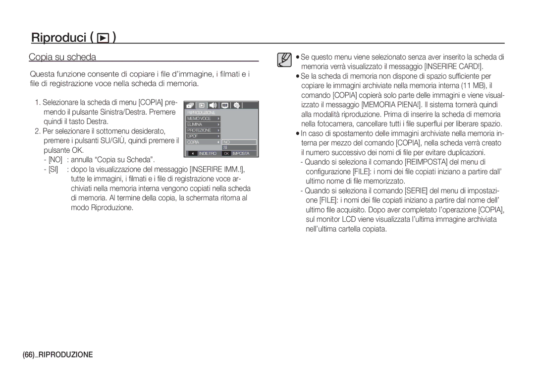 Samsung EC-D760ZSBE/E1 Copia su scheda, Quindi il tasto Destra, Annulla Copia su Scheda, Modo Riproduzione, 66RIPRODUZIONE 