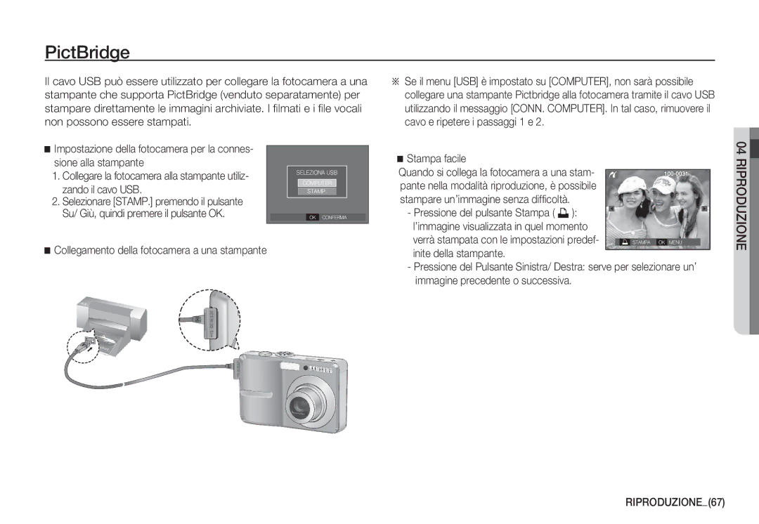 Samsung EC-D760ZSBD/E1 manual PictBridge, Stampa facile, Collegamento della fotocamera a una stampante, RIPRODUZIONE67 