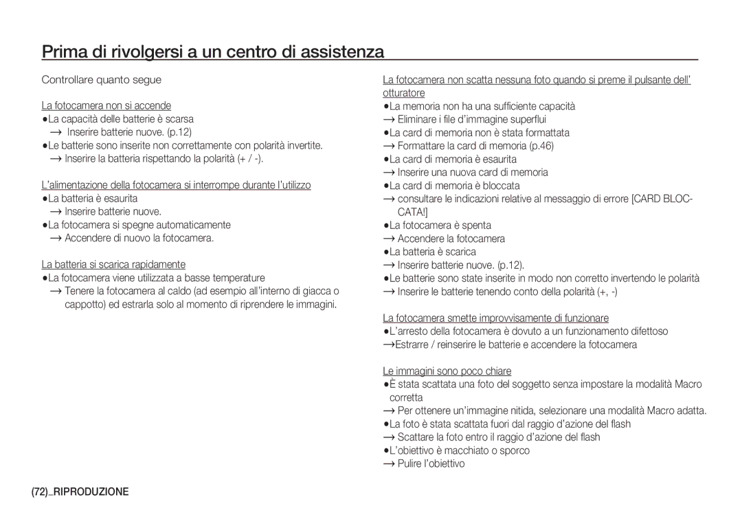 Samsung EC-S760ZPBA/IT, EC-S760ZPDA/E3, EC-S860ZSDA/E3 manual Prima di rivolgersi a un centro di assistenza, 72RIPRODUZIONE 