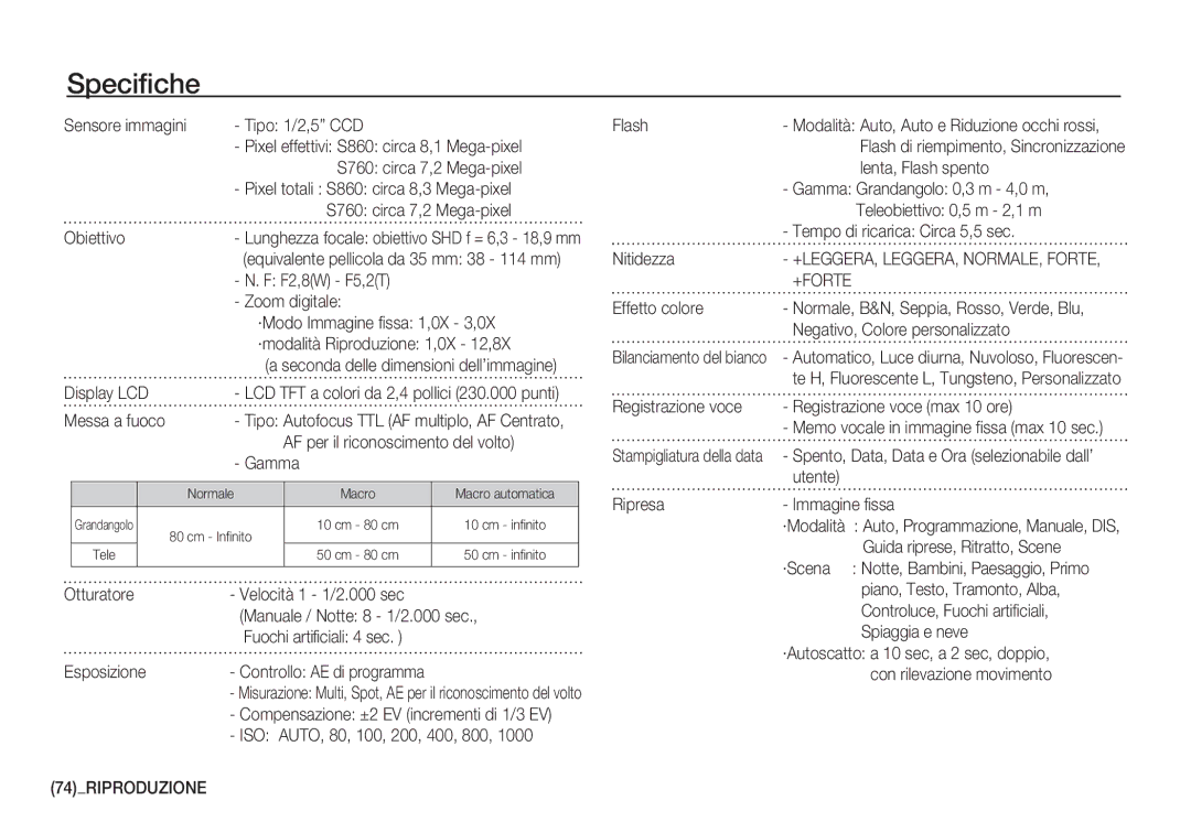 Samsung EC-S760ZPBB/E1, EC-S760ZPDA/E3, EC-S860ZSDA/E3, EC-S860ZPDA/E3, EC-S860ZBDA/E3 manual Specifiche, 74RIPRODUZIONE 