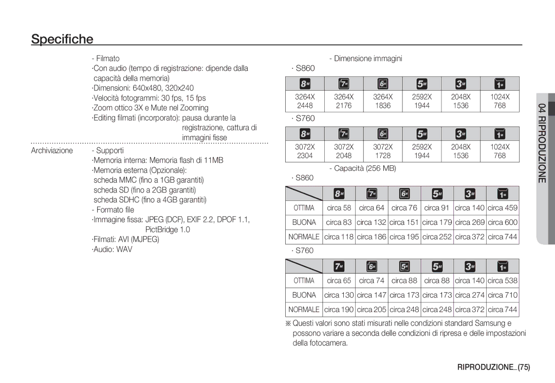 Samsung EC-S760ZBBA/E1, EC-S760ZPDA/E3, EC-S860ZSDA/E3, EC-S860ZPDA/E3 manual Archiviazione Supporti, · S760, RIPRODUZIONE75 