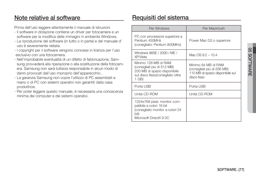 Samsung EC-S860ZUBA/IT, EC-S760ZPDA/E3, EC-S860ZSDA/E3 Requisiti del sistema, Software, Sul disco ﬁssoconsigliato oltre 