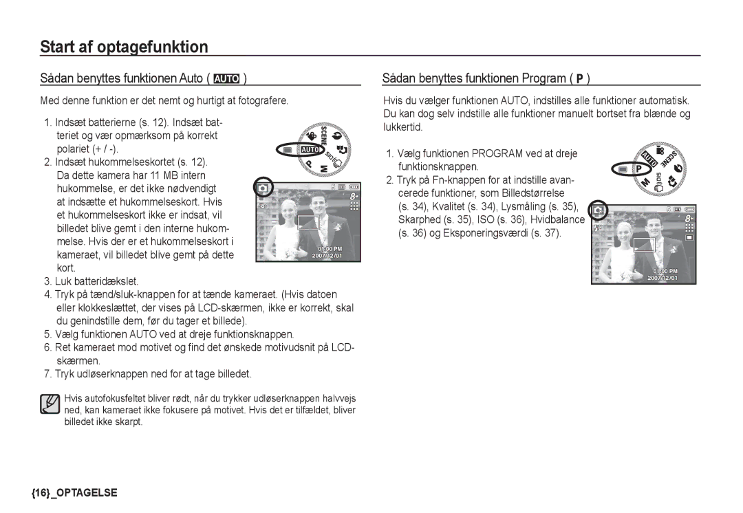 Samsung EC-S760ZPDA/E3 manual Start af optagefunktion, Sådan benyttes funktionen Auto μ, Sådan benyttes funktionen Program 