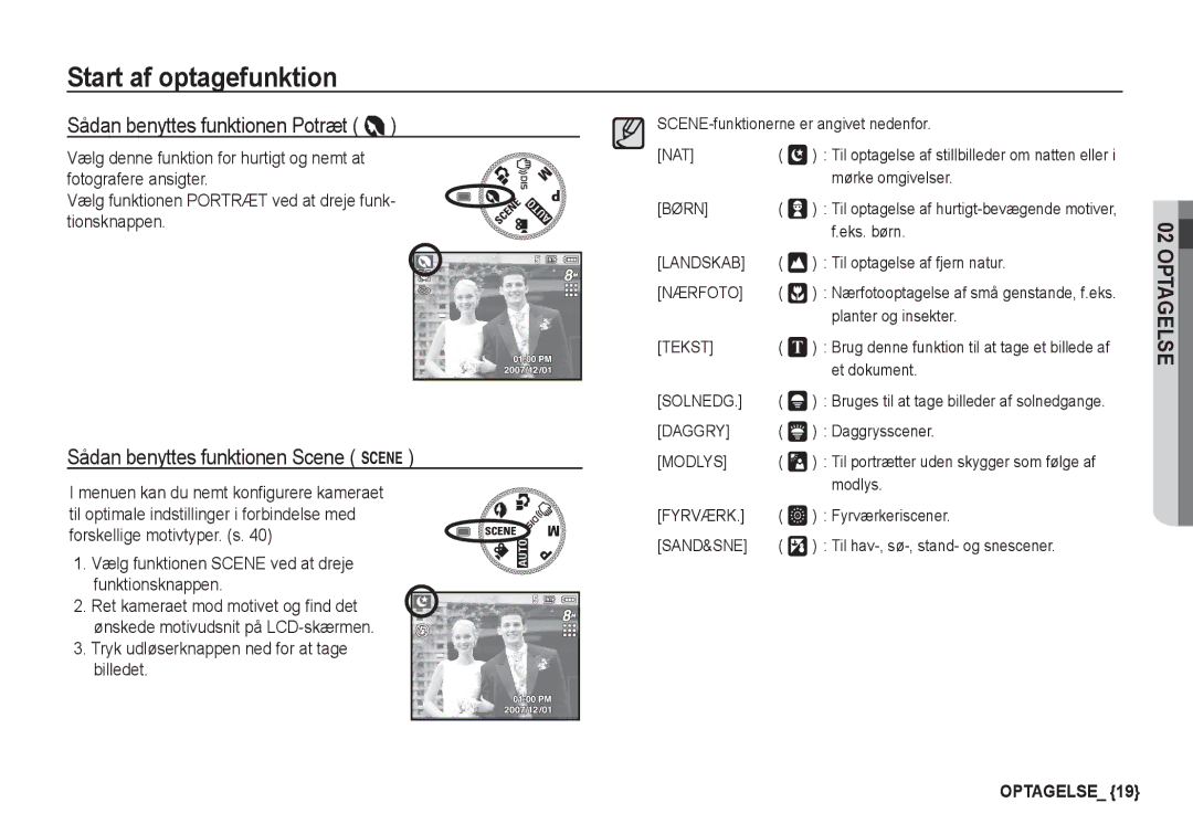 Samsung EC-S860ZBDA/E3 manual Sådan benyttes funktionen Potræt, Vælg funktionen Scene ved at dreje funktionsknappen 