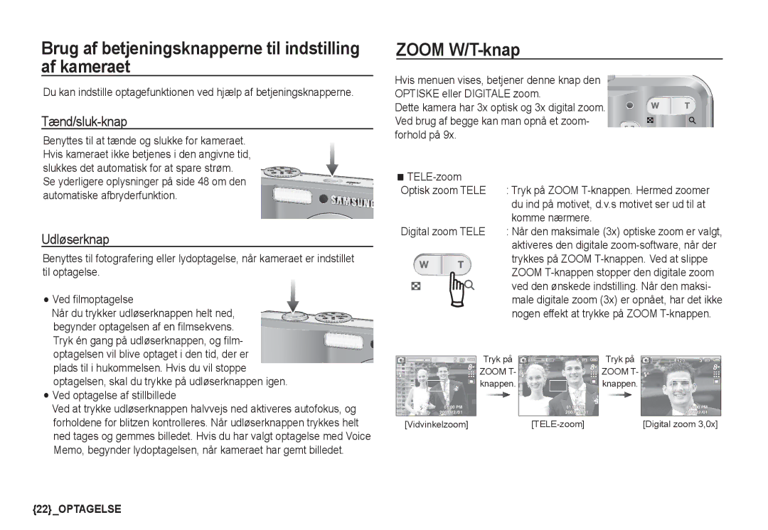 Samsung EC-S760ZBDA/E3 Brug af betjeningsknapperne til indstilling af kameraet, Zoom W/T-knap, Tænd/sluk-knap, Udløserknap 