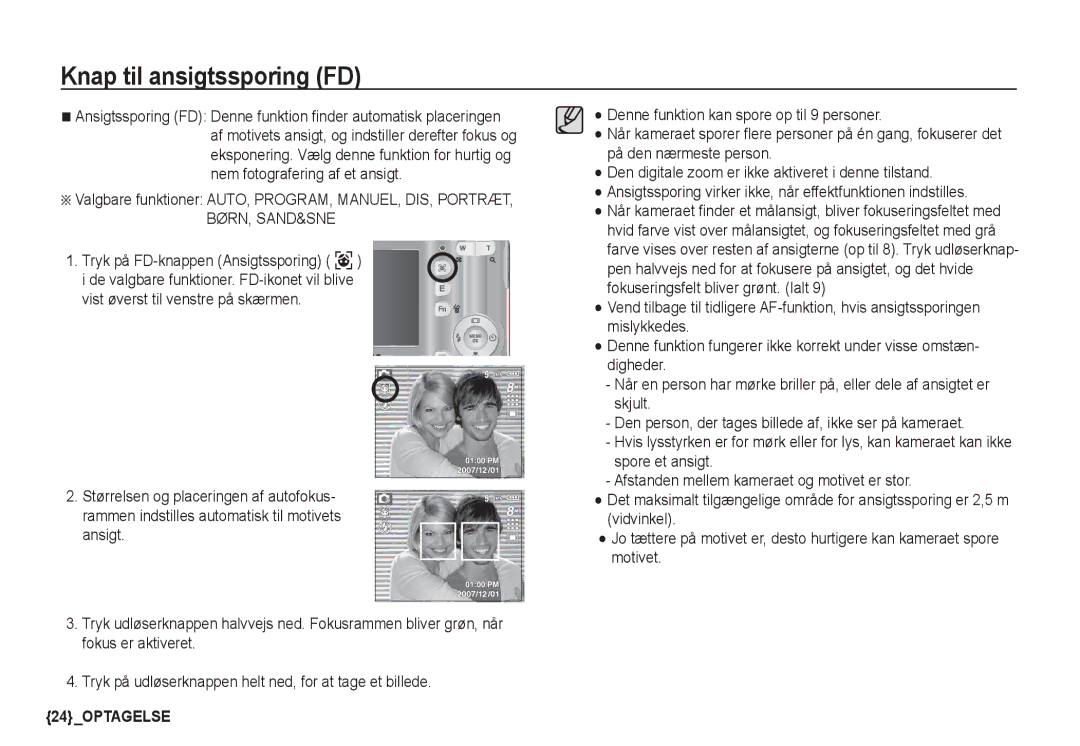 Samsung EC-S760ZSDA/E3, EC-S760ZPDA/E3, EC-S860ZSDA/E3 manual Knap til ansigtssporing FD, Tryk på FD-knappen Ansigtssporing 