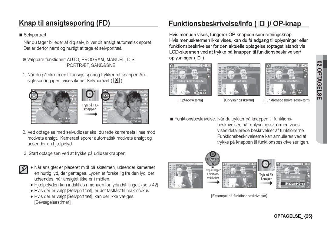 Samsung EC-D760ZSDB/E3, EC-S760ZPDA/E3, EC-S860ZSDA/E3 Valgbare funktioner AUTO, PROGRAM, MANUEL, DIS, Portræt, Sand&Sne 