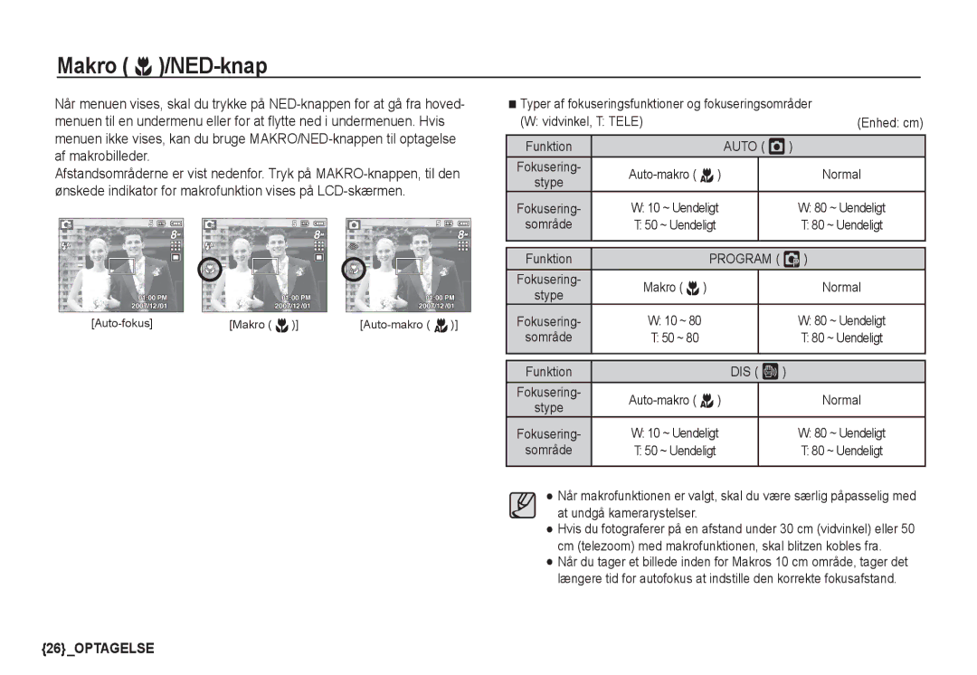 Samsung EC-S860ZUDA/E3, EC-S760ZPDA/E3, EC-S860ZSDA/E3, EC-S860ZPDA/E3, EC-S860ZBDA/E3 manual Makro e /NED-knap, DIS ÿ 