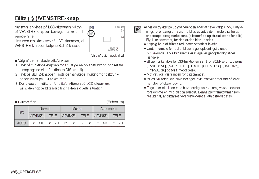 Samsung EC-S760ZUBA/E2, EC-S760ZPDA/E3, EC-S860ZSDA/E3, EC-S860ZPDA/E3, EC-S860ZBDA/E3 manual Blitz /VENSTRE-knap, Blitzområde 