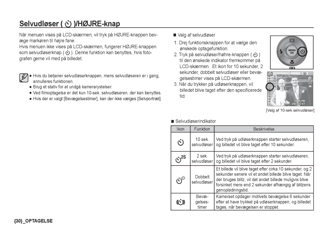 Samsung EC-S860ZBBA/E2, EC-S760ZPDA/E3, EC-S860ZSDA/E3, EC-S860ZPDA/E3 manual Selvudløser /HØJRE-knap, Valg af selvudløser 