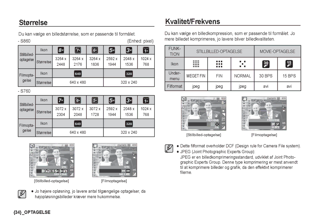 Samsung EC-S860ZSDA/E3, EC-S760ZPDA/E3, EC-S860ZPDA/E3, EC-S860ZBDA/E3, EC-S760ZUDA/E3 manual Størrelse, Kvalitet/Frekvens 