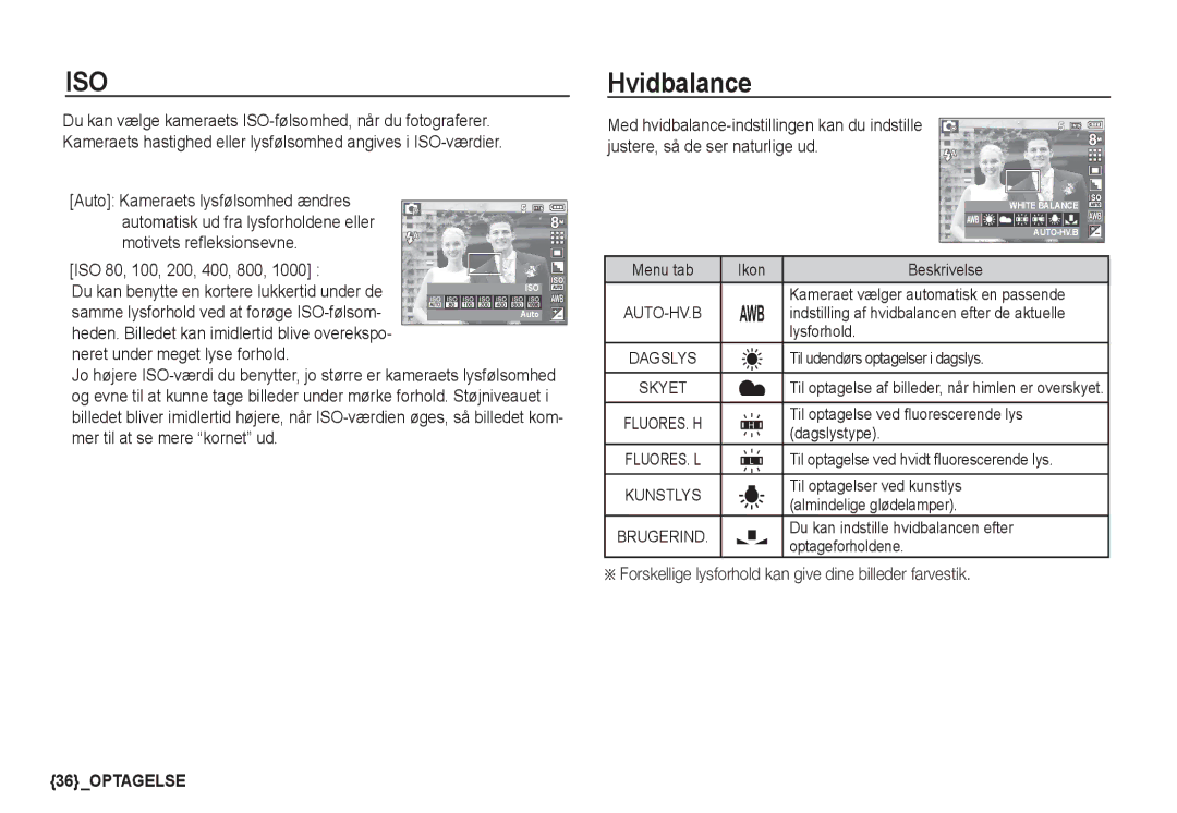 Samsung EC-S860ZBDA/E3, EC-S760ZPDA/E3 manual Hvidbalance, ISO 80, 100, 200, 400, 800, Neret under meget lyse forhold 