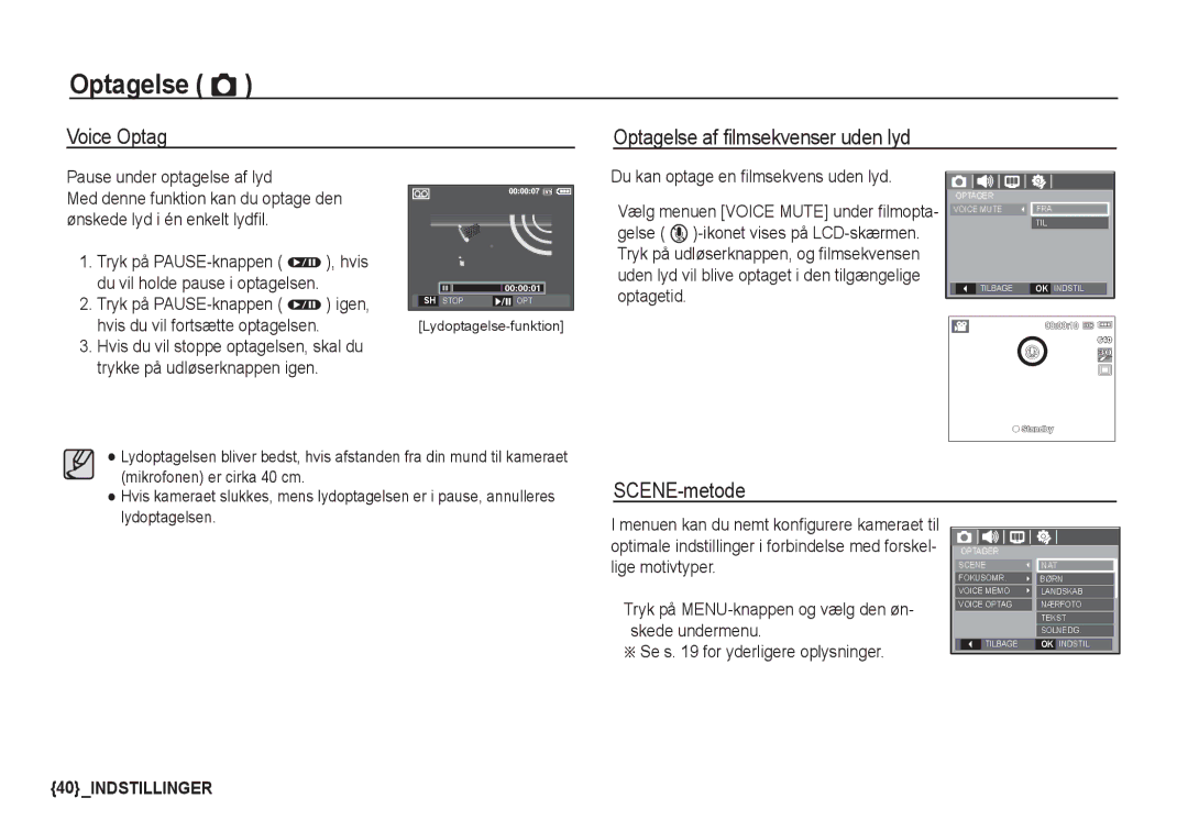 Samsung EC-S860ZSBA/E2 manual Voice Optag Optagelse af ﬁlmsekvenser uden lyd, SCENE-metode, Pause under optagelse af lyd 