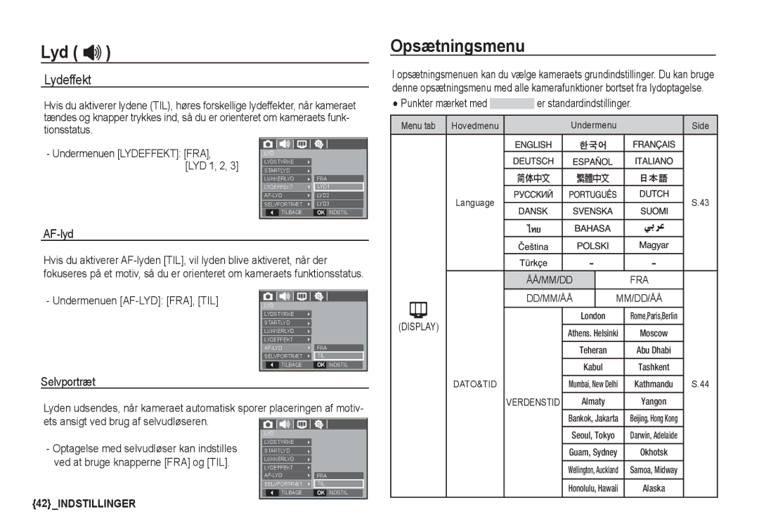 Samsung EC-D760ZSDB/E3 Opsætningsmenu, Lydeffekt, Undermenuen AF-LYD FRA, TIL, Menu tab Hovedmenu Undermenu, Language 