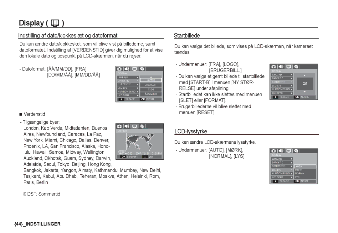 Samsung EC-D860ZSDB/E3 manual Indstilling af dato/klokkeslæt og datoformat, Startbillede, LCD-lysstyrke, Brugerbill 