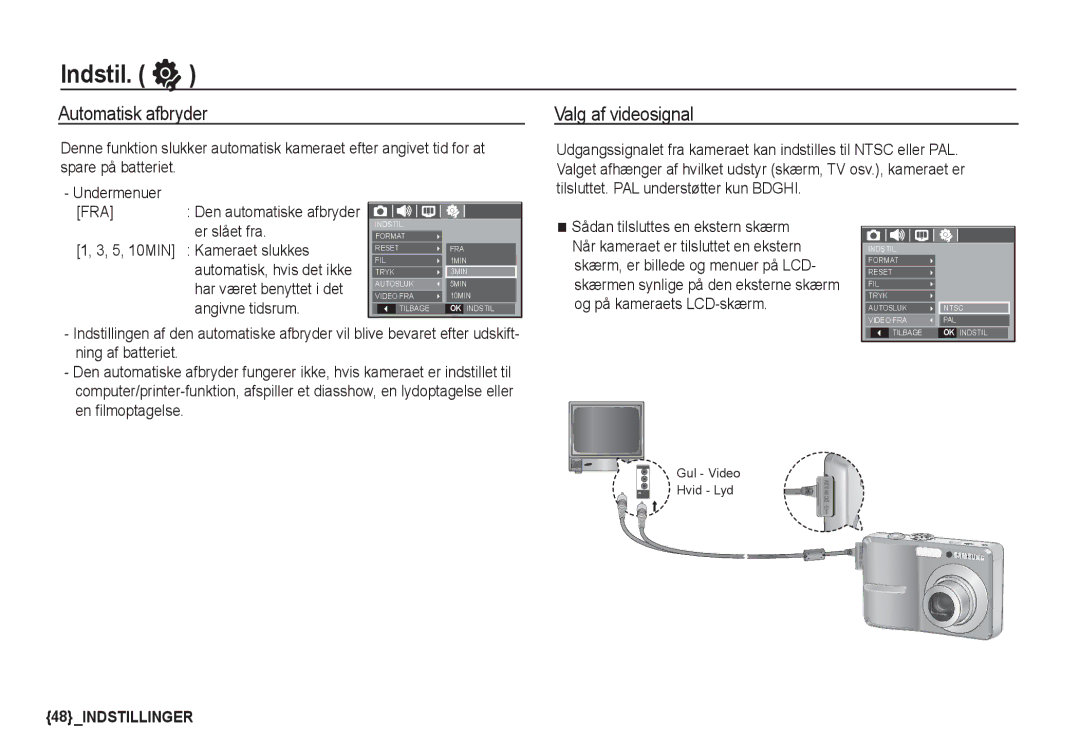 Samsung EC-S760ZBBA/E2, EC-S760ZPDA/E3, EC-S860ZSDA/E3, EC-S860ZPDA/E3 manual Automatisk afbryder, Valg af videosignal 