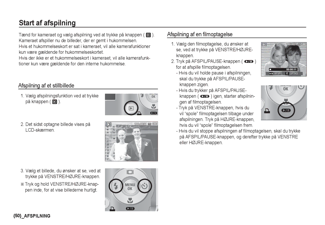 Samsung EC-S760ZPDA/E3, EC-S860ZSDA/E3 Start af afspilning, Afspilning af et stillbillede, Afspilning af en filmoptagelse 