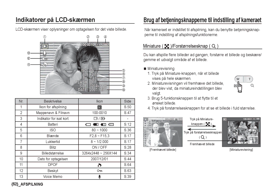 Samsung EC-S860ZPDA/E3 manual Brug af betjeningsknapperne til indstilling af kameraet, Miniature º /Forstørrelsesknap í 