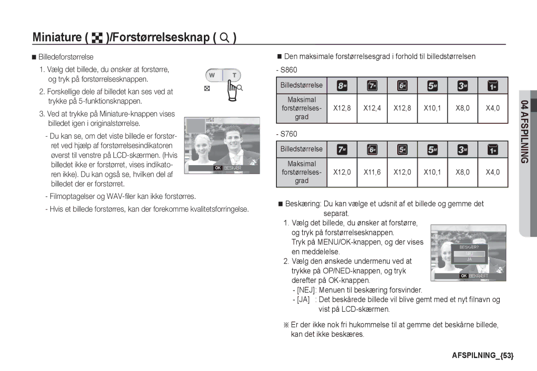 Samsung EC-S860ZBDA/E3, EC-S760ZPDA/E3, EC-S860ZSDA/E3, EC-S860ZPDA/E3 Miniature º /Forstørrelsesknap í, Billedeforstørrelse 