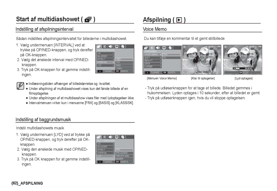 Samsung EC-S760ZUBA/E2 manual Afspilning ø, Indstilling af afspilningsinterval, Voice Memo, Indstilling af baggrundsmusik 