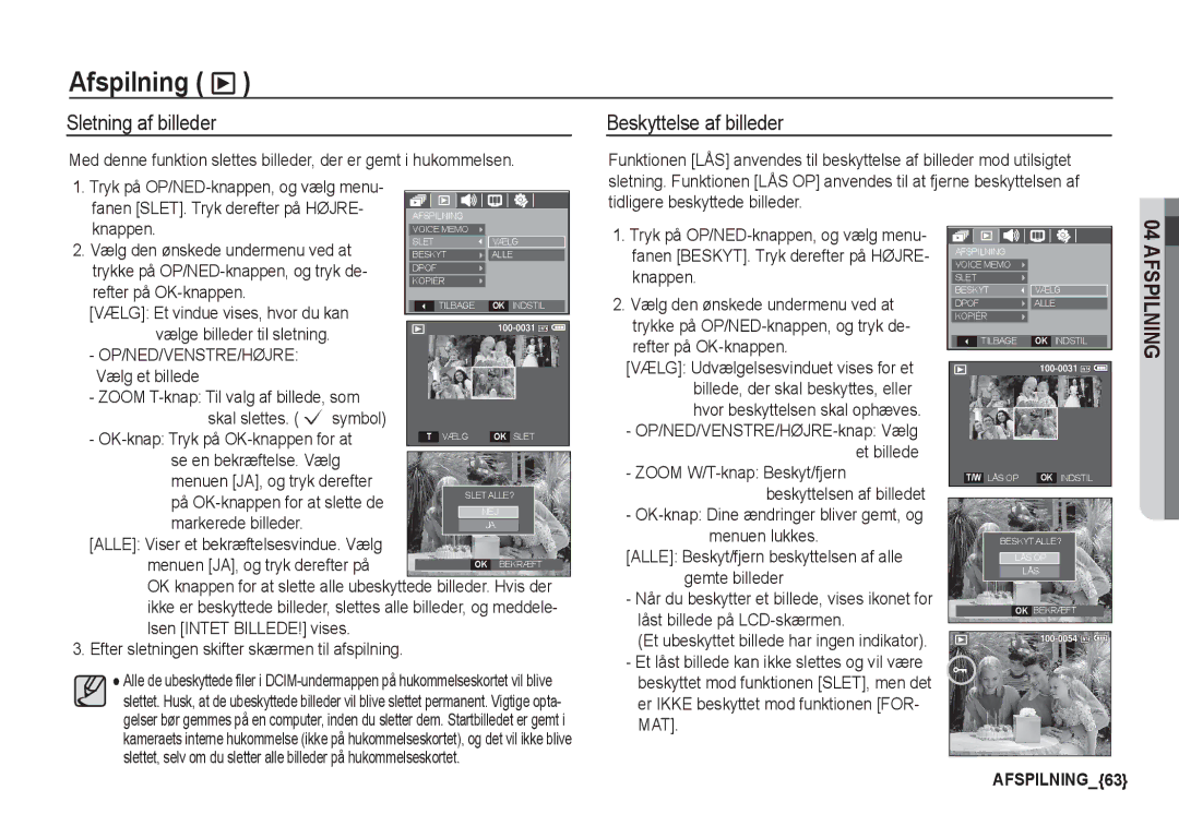 Samsung EC-S760ZPBA/E2, EC-S760ZPDA/E3, EC-S860ZSDA/E3, EC-S860ZPDA/E3 manual Sletning af billeder Beskyttelse af billeder 